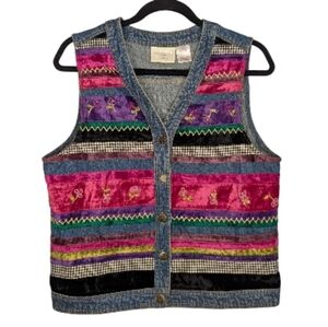 Vintage 90s Susan Bristol Small Embroidered Striped Velvet Denim Jean Vest